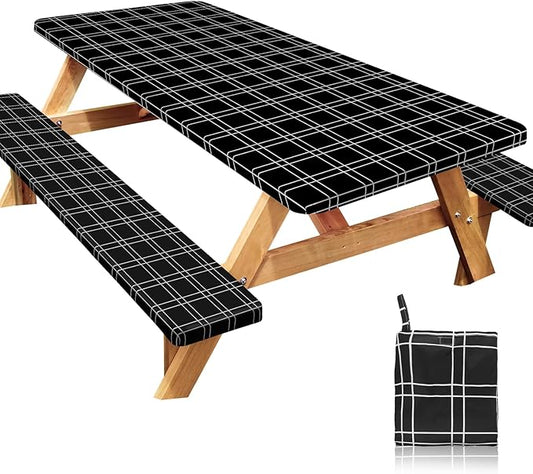 Picnic Table Cover with Bench Covers Windproof Waterproof Picnic Table Covers Camping Tablecloth with Self-Storage Bag, 72in, Black