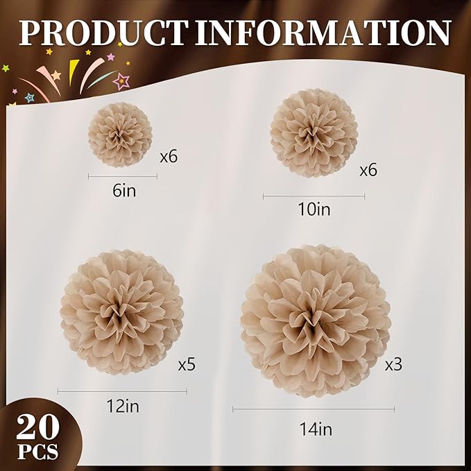 20 PCS Brown Tissue Paper Pom Poms, Tissue Pom Poms Flowers, Sizes of 6", 10", 12", 14" Hanging Paper Flower Ball for Wedding, Birthday, Halloween, Christmas, Baby Shower Party Decor