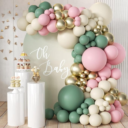 MEBAY Sage Green Pink Balloon Arch Kit, 166Pcs Olive Green Blush Pink Metallic Gold White Sand Balloons Garland for Baby Shower Wedding Birthday Jungle Safari Woodland Party Decorations