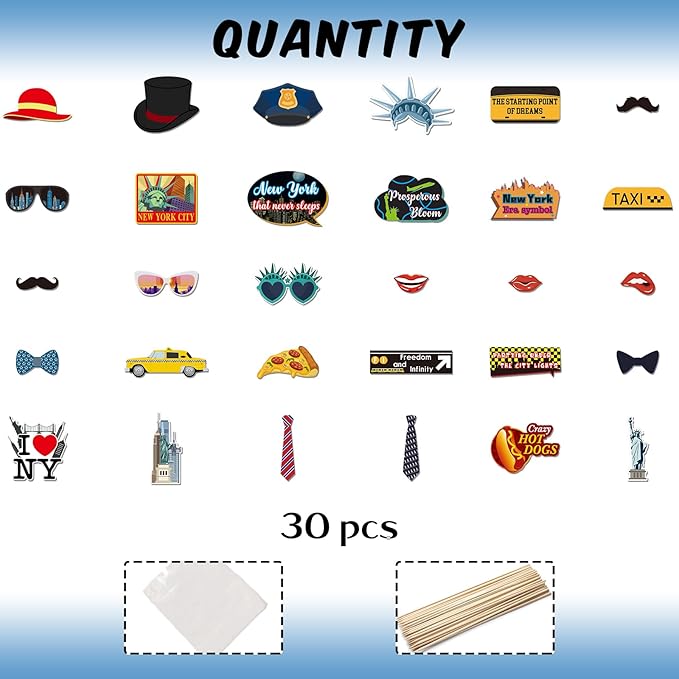 30 Pcs New York Photo Booth Props Kit, Cityscape NYC Themed Party Selfie Decorations, I Love New York Photography Supplies