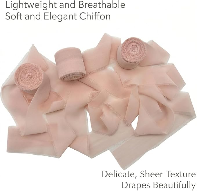 Handmade Chiffon Ribbon 1.5 Inch Wide, 3 Rolls 21 Yards, Blush Pink Frayed Edge Fabric Ribbon for Romantic Wedding Accents, Floral Styling & Gift Presentation(Blush Pink)