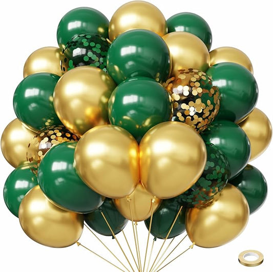 Hiquaty Green and Gold Latex Balloons,50pcs 12 inch Dark Green Balloons Gold Confetti Balloons with Ribbon for Birthday St. Patrick's Day Wedding Party Decoration