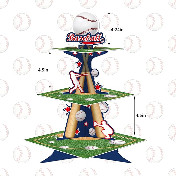 KALEFO 3 Tier Baseball Cupcake Stand Grand Slam Dessert Tower Sports Party Centerpiece for Baseball Birthday Team Celebration Cake Display Decorations Supplies
