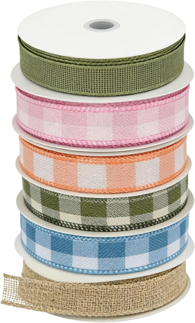 Meseey 1 Inch Plaid & Burlap Wired Ribbon, 6 Rolls Total 30 Yards, Buffalo Check Ribbon for Gift Wrapping, Wreath Making, Crafts, Floral Arrangements, Holiday Decor
