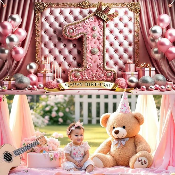 Pink First Birthday Party Banner 71x43 Inch, Elegant "1" Design with Velvet Curtains and Gold Balloons, Ideal for Cake Smash and Birthday Party Decorations