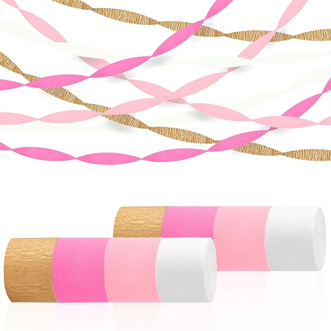 Pink Streamers Party Decorations, 8 Rolls 656ft Pink and Gold Crepe Paper Streamers for Wedding, Bridal Shower, Baby Shower, Birthday, Valentines Day, Bachelorette, Girl Party Backdrop Decorations
