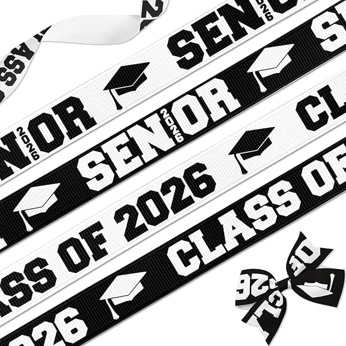 Class of 2026 Senior Grosgrain Ribbons, 5/8" x 5 Yards Black/White for Graduation Crafts and Gift Wrapping, 4-Pack
