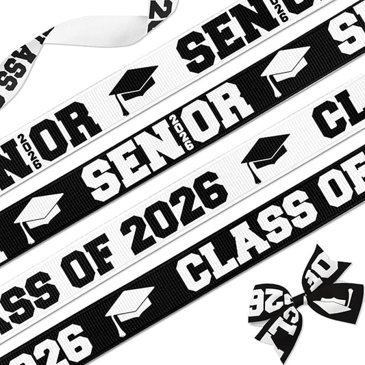 Class of 2026 Senior Grosgrain Ribbons, 5/8" x 5 Yards Black/White for Graduation Crafts and Gift Wrapping, 4-Pack