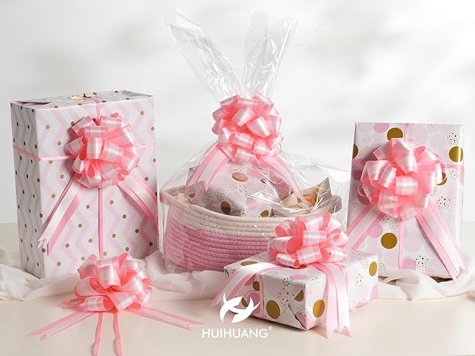 HUIHUANG Pink Pull Bows 12 PCS Baby Pink and White Double Layer Satin Pull Bows 6" x 10" Gift Bow for Gift Wrapping Gift Basket Flower Bouquets Baby Shower Favors Wedding Party Decor