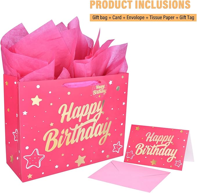 ZGORENDZ 14'' Large Gift Bag Gold Foil Happy Birthday Party Bag with Tissue Paper, Card, Envelope, Gift Tag for Birthday
