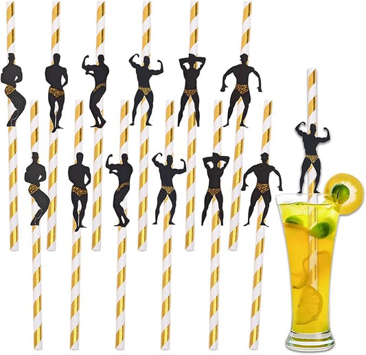 30 Pcs Disposable Paper Straws, 7.7-inch Bachelorette Party Straws, Fun Party Decoration, Birthday Bridal Shower or Bachelor Party Supplies (Golden - Streak)
