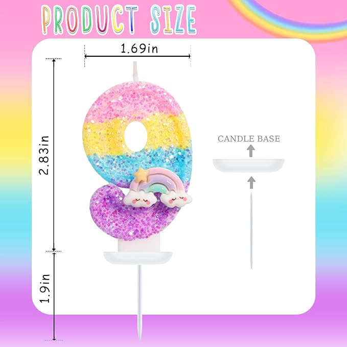 Rainbow Candles for Cakes, Number 9 Candle Rainbow Cake Topper for 9th Birthday Decorations for Girls, On Cloud 9 Birthday Decorations