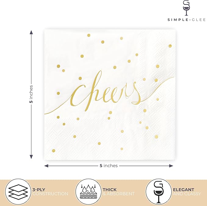 White and Gold Cocktail Napkins - Pack of 50 Disposable Bar Napkins - Wedding Baby Shower Birthday Graduation Dessert - 3 Ply - By Simple-Glee