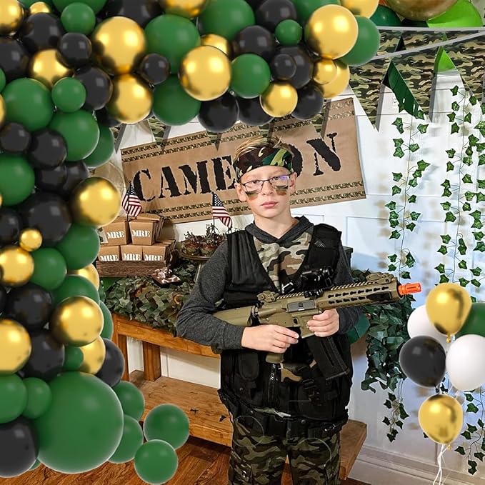 Dark Green Gold Black Balloon Garland Arch, Emerald Green Black Gold White Balloons for Camo Birthday Wildland Baby Shower Class of 2026 Graduation Party Decorations