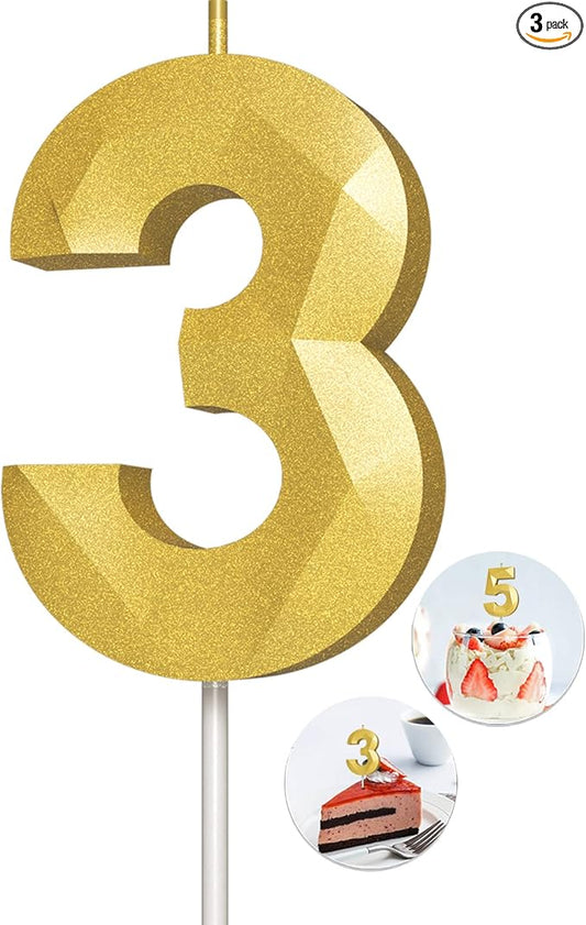 Number Birthday Candles(3 Candle Gold) 3D Diamond Shape Number Happy Birthday Cake Candles for Birthday Party Wedding Decoration Reunions Theme Party