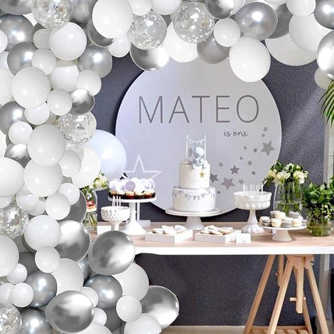 White and Silver Balloons Garland Arch Kit 5"10 Inch 12" White Silver Metallic Confetti Latex Balloons Arch Set for Christmas Winter Wonderland Birthday Baby Shower Wedding Party Winter Decor
