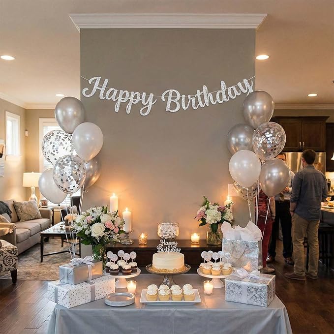 Glitter Happy Birthday Banner Sign, Reusable Birthday Party Garland Decorations, DIY Cake Day Celebration Banners Party Supplies for Women, Men, Boys, Girls (Silver)