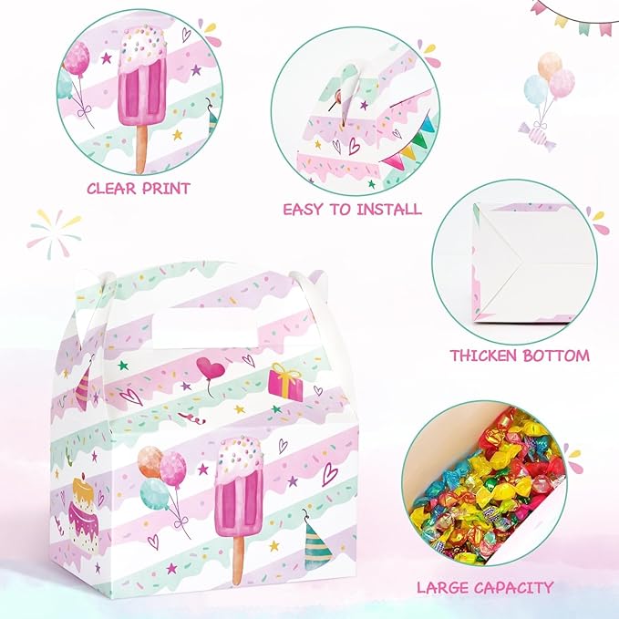 WERNNSAI 12 Pack Ice Cream Party Boxes - Ice Cream Birthday Decorations Summer Party Favor Boxes for Girls Kids Pink Purple Popsicle Candy Gift Box for Birthday Holiday Decoration