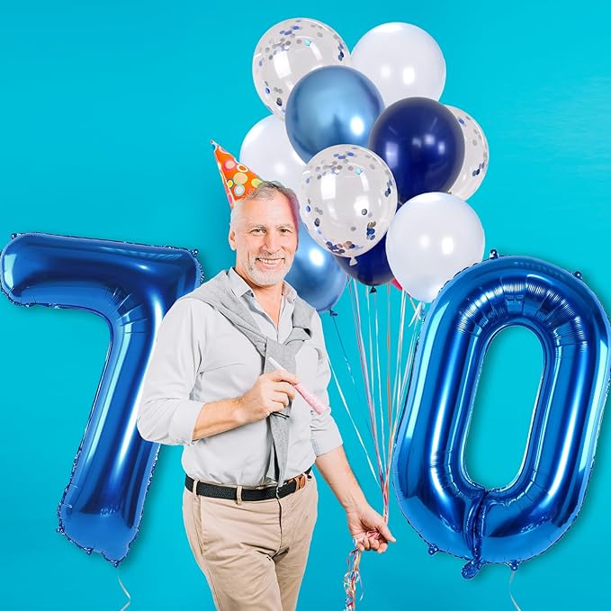 Giant Number Foil Balloon 70, Dark Blue Self Inflating 70th Birthday Balloon for Men, 40'' 70 Balloon Light Navy Blue with Metallic Silver Confetti Balloon for Anniversary Party Decorations Supplies