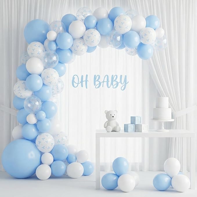 HILAVO Blue Bow Balloons, 12 Inch Pastel Light Blue Transparent White Bow Print Coquette Balloon for Girls Birthday Bachelorette Party Bridal Baby Shower Wedding Anniversary Decorations Supplies