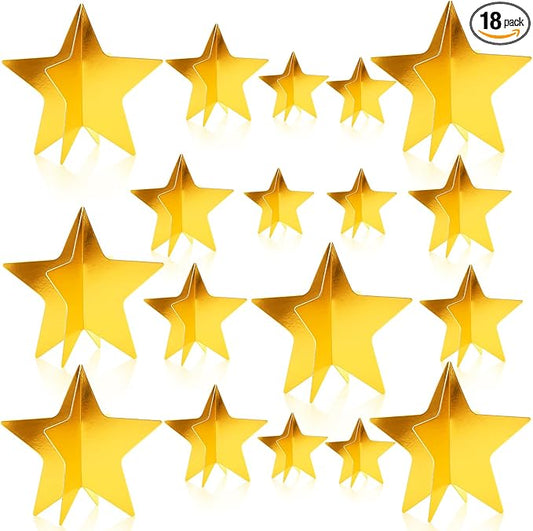 AmazingSpark 18 Pcs Large Star Centerpieces Gold 3D Star Table Decorations in 3 Sizes 10" 8" 6" for Birthday Party Baby Shower Gathering Carnival Ceremony Graduation Movie Night Supplies (Gold)