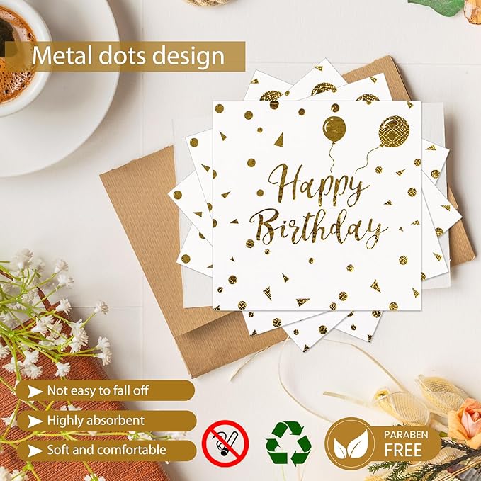 48PCS Happy Birthday Plates and Napkins Party Supplies, White and Gold Disposable Paper Plates and Napkins with Forks Tableware Set for Birthday Party Decorations 16 Guests