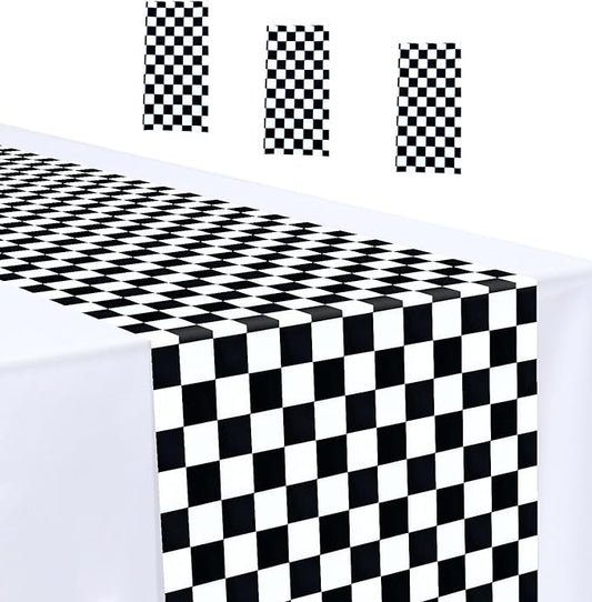 3 Pcs Black and White Checkered Table Runner 14 x 108 Plastic Table Runner for Race Car Theme Party Birthday Baby Shower Disposable Table Runner