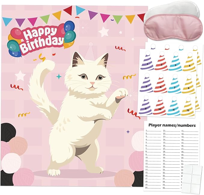 PARTYLOUD Cat Birthday Party Games, Pin The Hat on The Cat, Cat Themed Pet Party Games Toddlers Preschool Party Supplies Favors for Boys Girls Adults 24 Guests
