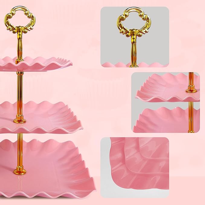 NWK 5 Piece Cake Stand Set with 2 x Large 3-Tier Cupcake Stands, 3 x Appetizer Trays, for Wedding Birthday Baby Shower Tea Party Decorations (Pink)