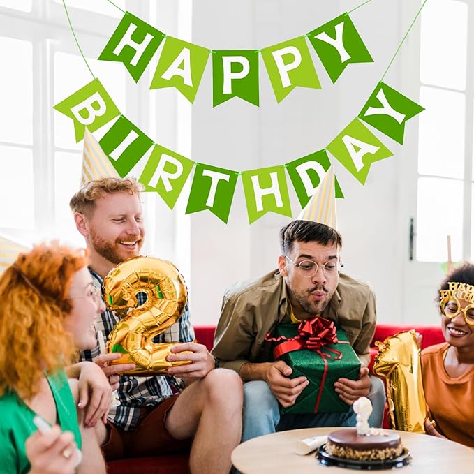 Happy Birthday Banner Birthday Party Banner NO DIY Happy Birthday Sign Pre-Strung Birthday Hanging Decoration for Women Men Girl Boy Party Supplies (Green)