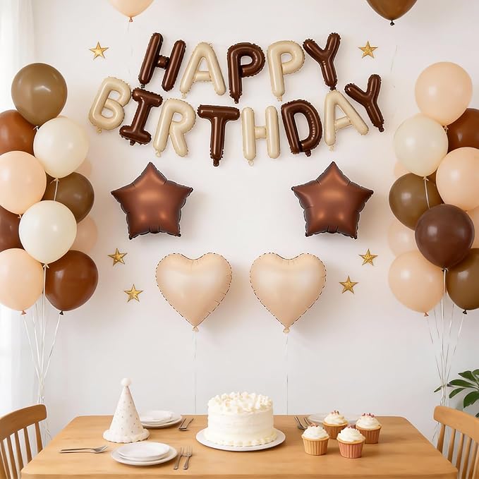 Cream Brown Birthday Decorations,Brown and Nude Balloons Happy Birthdays Banner Balloon Heart and Star Foil Balloons for Men Boy Birthday Baby Shower Party Decorations