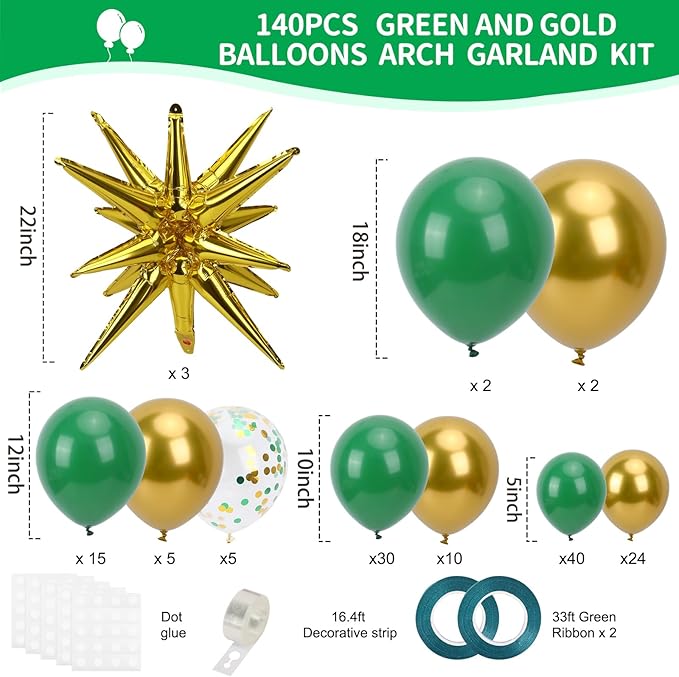 RUBFAC Green and Gold Balloon Garland Arch Kit, 140pcs Graduation Decorations Latex Balloons, Dark Green Gold Confetti Star Balloon for Birthday Wedding New Year Party Decorations