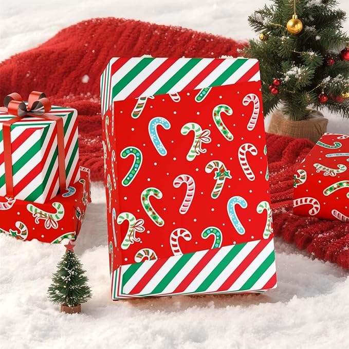 WERNNSAI Candy Cane Christmas Wrapping Paper - 1 Roll 17”x 33 ft Funny Christmas Wrapping Paper Roll Reversible Candy Cane and Stripe Gift Wrap for Xmas Holiday Winter Party Celebration