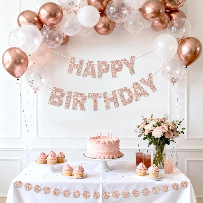 GCQQ Rose Gold Happy Birthday Banner - Glitter Pre-Strung 3M Pre-Strung Letter Garland + 2.5M Rose Gold Dot Garlands Woman Girls Birthday Party Banners Backdrop Decoration Supplies, No DIY