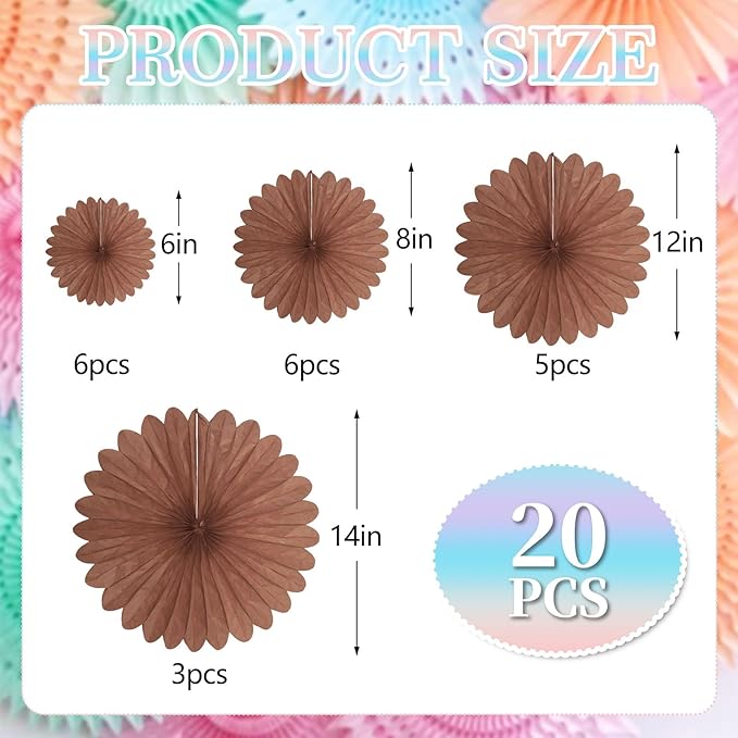 20 Pcs Deep Brown Hanging Paper Fan, Round Paper Fans Decorations Set for Weddings, Birthdays, Engagement, Bridal Shower, Baby Shower Event, Graduation, Party Supplies Decor