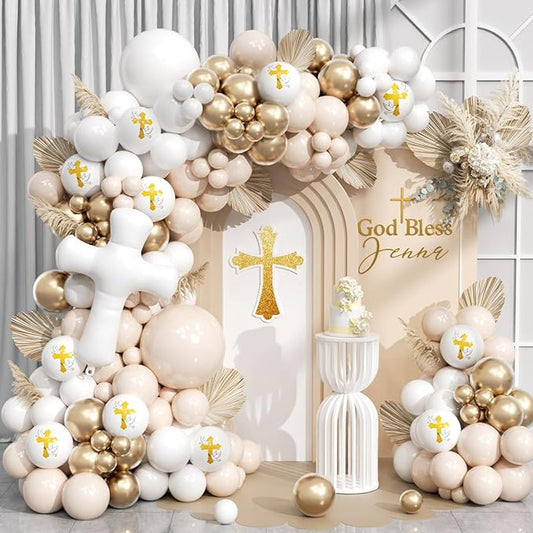 First Communion Balloon Garland Kit 153Pcs, Baptism Balloon, White Sand Gold Nude Bautizo Balloons Arch Kit for First Holy Communion Baptism God Bless Christening Party Birthday Supplies