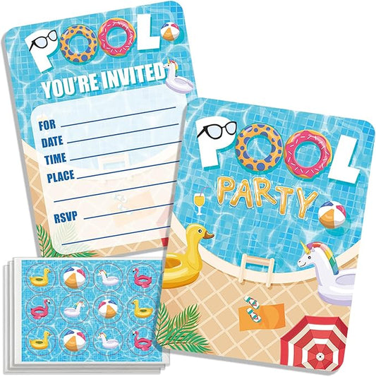 24 Pool Party Invitations with Envelopes and Stickers, Summer Birthday Swim Party Fill-In Invite Cards for Boys Girls, Splish Splash Pool Party Supplies Favors