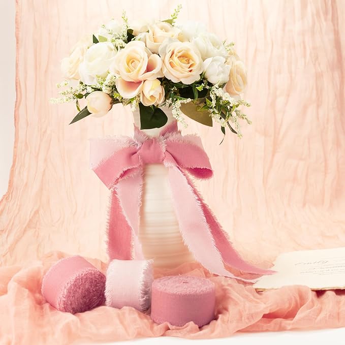 Pink Cotton Ribbon 1 Inch Pink, Baby Pink & Dusty Rose 3 Rolls 21 Yards Frayed Edge Fabric Set for Wedding Invitations, Bridal Shower, Baby Shower Decor, Bouquet Wrap & Gift Wrapping
