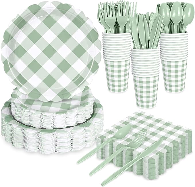 QISOLIY 350Pcs Green Gingham Party Supplies Gingham Plates and Napkins, Green and White Checkered Disposable Plates Set for Dinner Birthday Baby Shower Wedding Picnic Supplies Serve 50 Guest