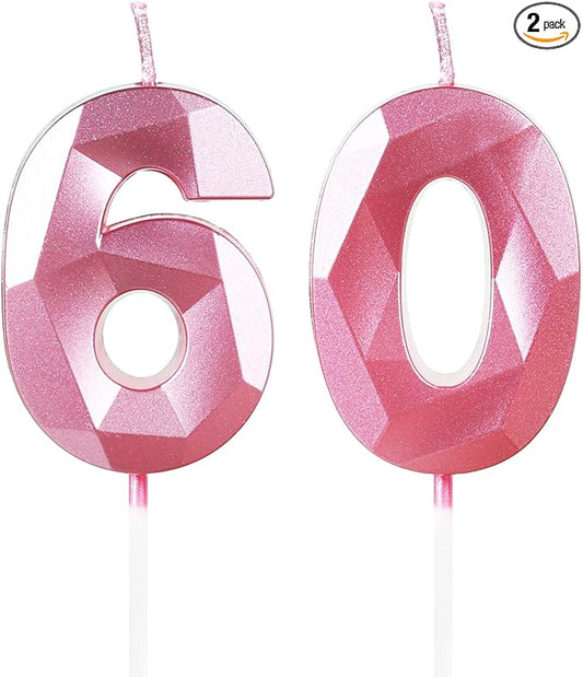 60th Birthday Candles,Number 60 Candles, Pink Happy Birthday Candle for Cake,3D Design Cake Topper Decorations for Women Birthday Party Wedding Anniversary Celebration Supplies