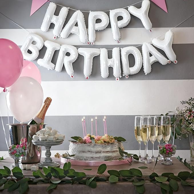 White Happy Birthday Balloon Banner 16 Inch - White Birthday Decorations Happy Birthday Sign Reusable Foil Letters Balloons Suitable for Men, Women Party Decorations,Birthday Decor Party Supplies
