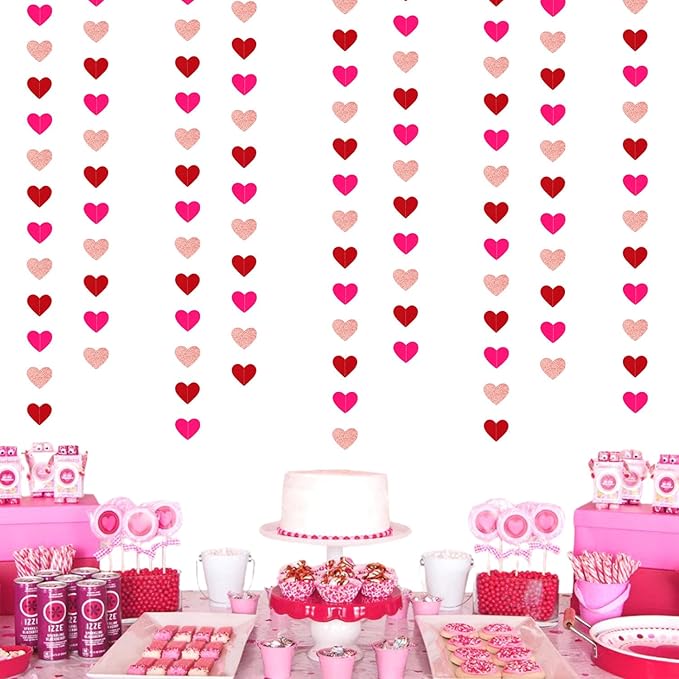 Rose-Gold Red Valentines Party-Decorations Heart-Garland - 52ft Galentines Glitter Streamers Banner,Women Romantic Special Night Wedding Bachelorette Bridal Shower Birthday Backdrop Decor Burgleda
