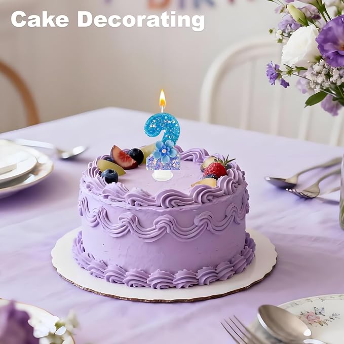 Blue Purple Flower Birthday Number Candles, Flower Theme Party Decorations, Cupcake Decorations, Suitable for Party Celebrations, Boys and Girls Birthday Decorations（2）