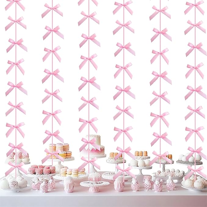 Pink Ribbon Bow Hanging Garland for Baby Shower Pink Bow Party Decorations Girls Bow Birthday Decoration Tying The Knot Bridal Shower Party Room Décor 6pcs