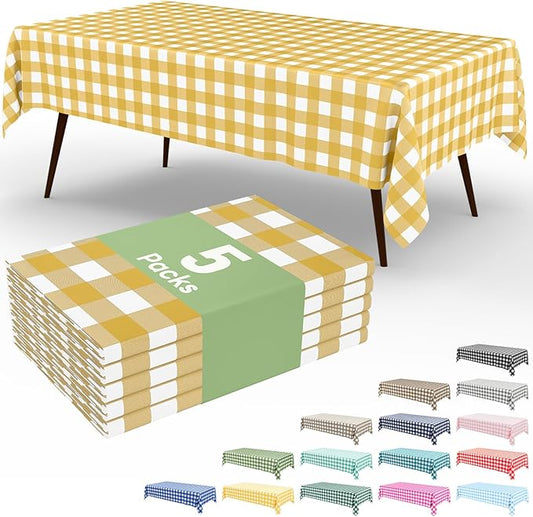 Smiry 5 Pack Gold Gingham Disposable Tablecloths - 54" x 108" Heavy Duty Plastic Table Cloth, Waterproof Buffalo Plaid Table Covers for Picnic, Banquets, Parties