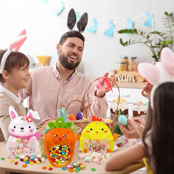 Resurhang 60 Pcs Easter Treat Bags Candy Zipper Cute Bunny Carrot Chick Food Goodie Gifts Bags Resealable Easter Rabbit Snack Containers with Handle for Some Bunny Is One Baby Shower Party Supplies