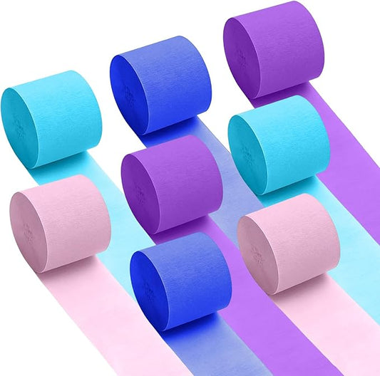 Blue Pink Crepe Paper Streamer 8 Rolls 32ft Cartoon Birthday Party Supplies Purple Backdrop Baby Shower Wedding Decorations(1.77inx32ft)