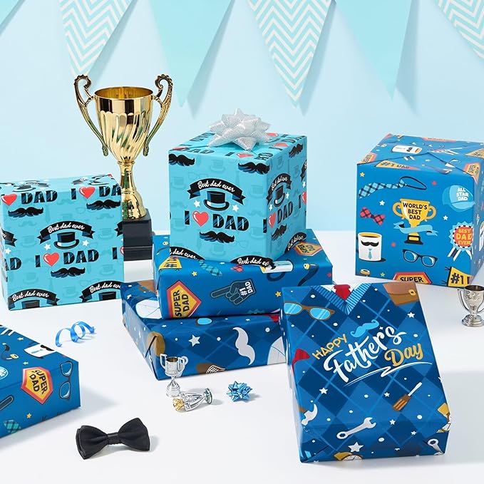 WERNNSAI Father’s Day Wrapping Paper Rolls - 3 Rolls 17” x 10FT Blue Gift Wrap Set with Mustache I Love Dad Designs for Dad Husband Grandpa Birthday Father’s Day Gifts