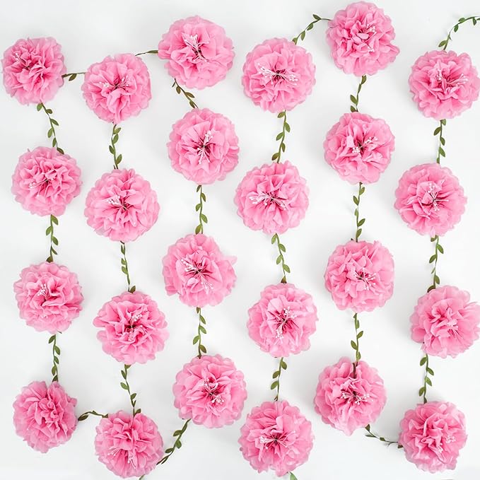 2PCS Pink Tissue Paper Pom Pom Garlands, Pink Party Decorations Tissue Paper Flowers Pom Pom with Green Leaves for Wedding Bridal Shower Party Decor