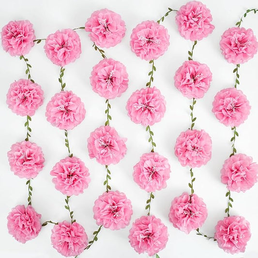 2PCS Pink Tissue Paper Pom Pom Garlands, Pink Party Decorations Tissue Paper Flowers Pom Pom with Green Leaves for Wedding Bridal Shower Party Decor